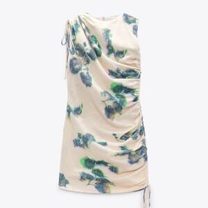 Zara, Vestido Von Lino Estampado Crudo.